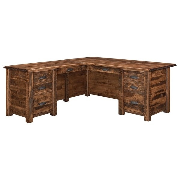 Mission Style L-Shaped Desk Integrated Hutch Cup Pull Hardware Wood
