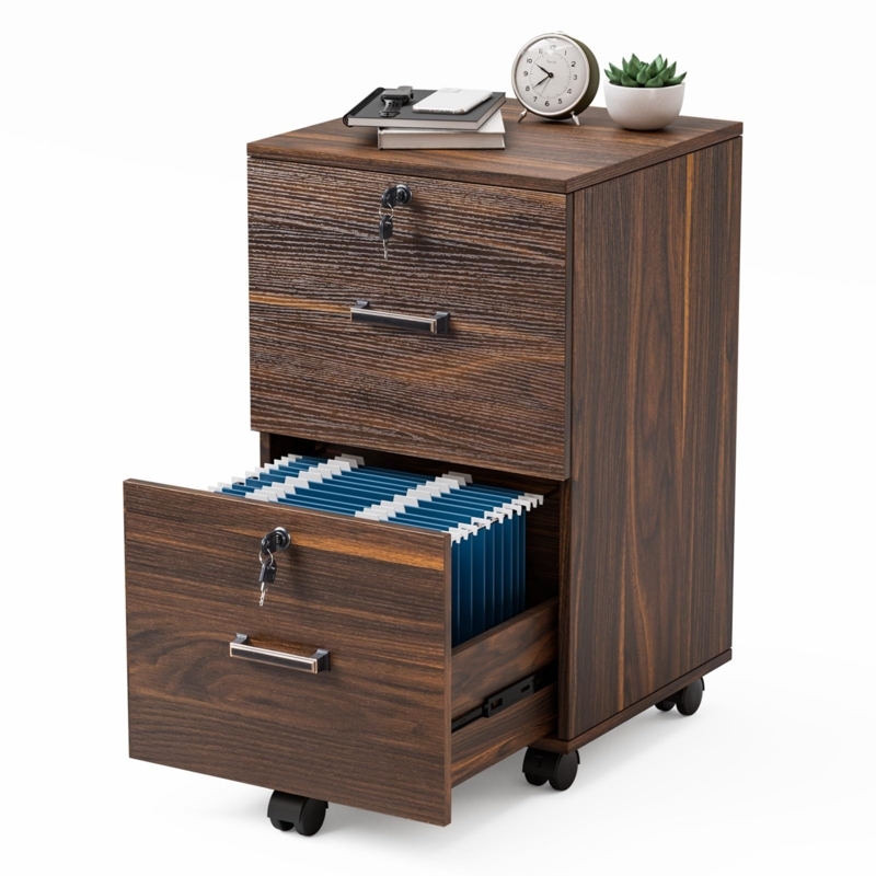 Mobile File Cabinet Dark Brown Locking Two Drawer Under Desk