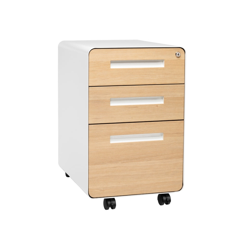Mobile File Cabinet, White & Light Wood Tone, Curved Corners, Scandinavian.