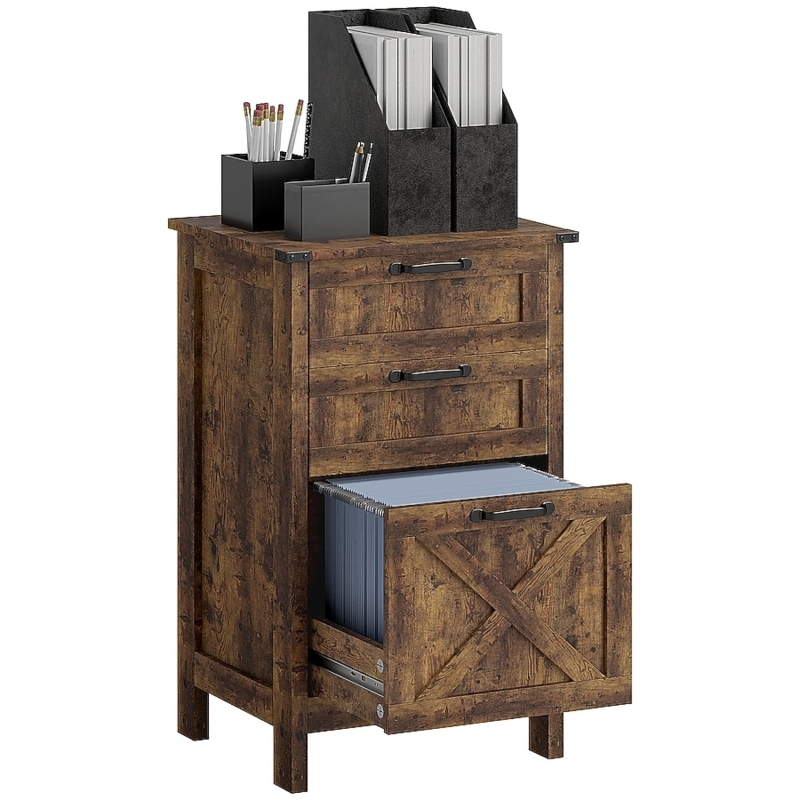 Mobile Filing Cabinet with Wheels, Rustic Brown Wood and Metal Frame