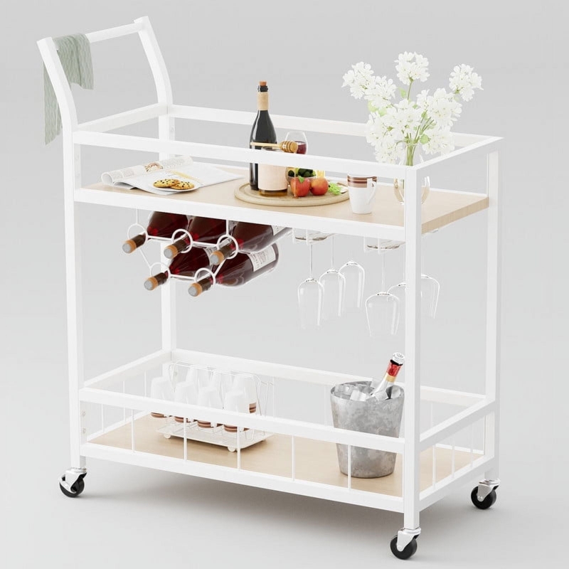 Mobile Industrial Bar Cart with Wood Toned Shelves and Wine Rack