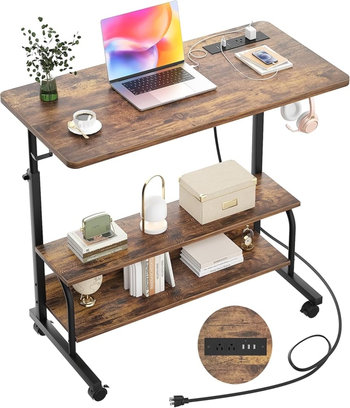 Mobile Laptop Desk C-Shaped Base Built-In Outlets Height Adjustable