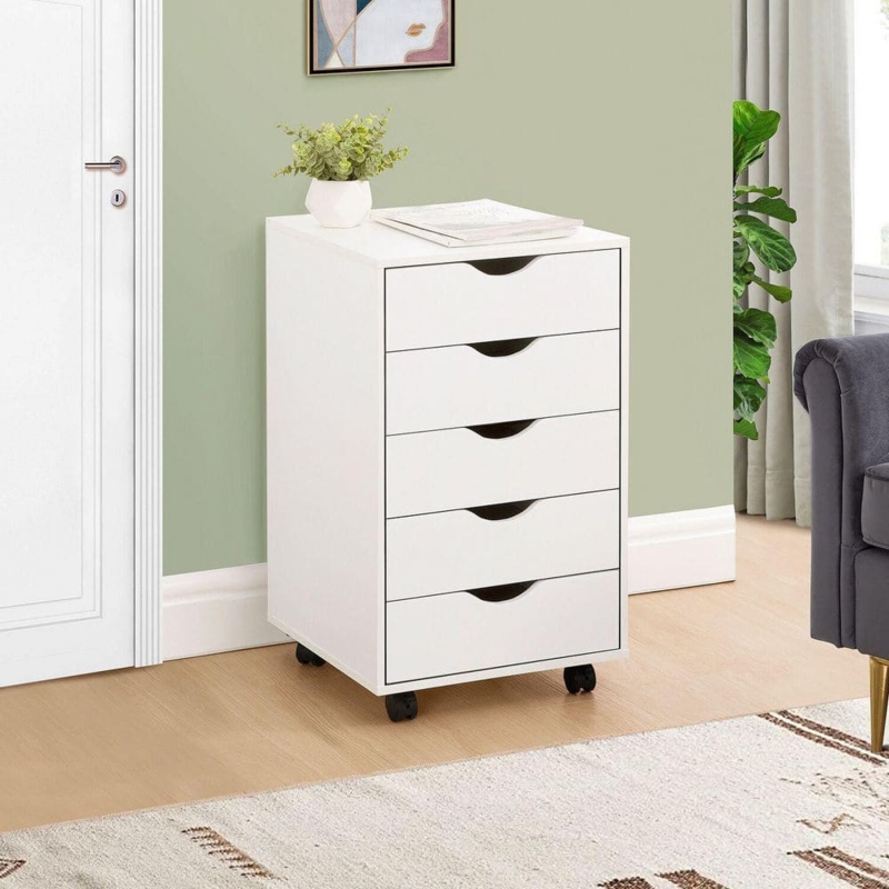 Mobile Storage Cabinet White 5-Drawer Rolling Filing Cabinet with Door