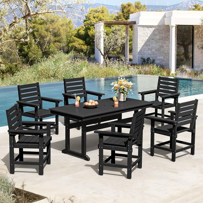 Modern 7-Piece Outdoor Dining Set: All-Black HDPE Slatted