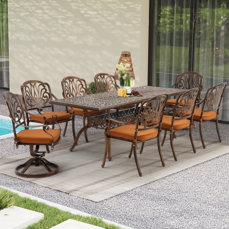 Modern 9-Piece Outdoor Dining Set Charcoal Aluminum Slatted Table