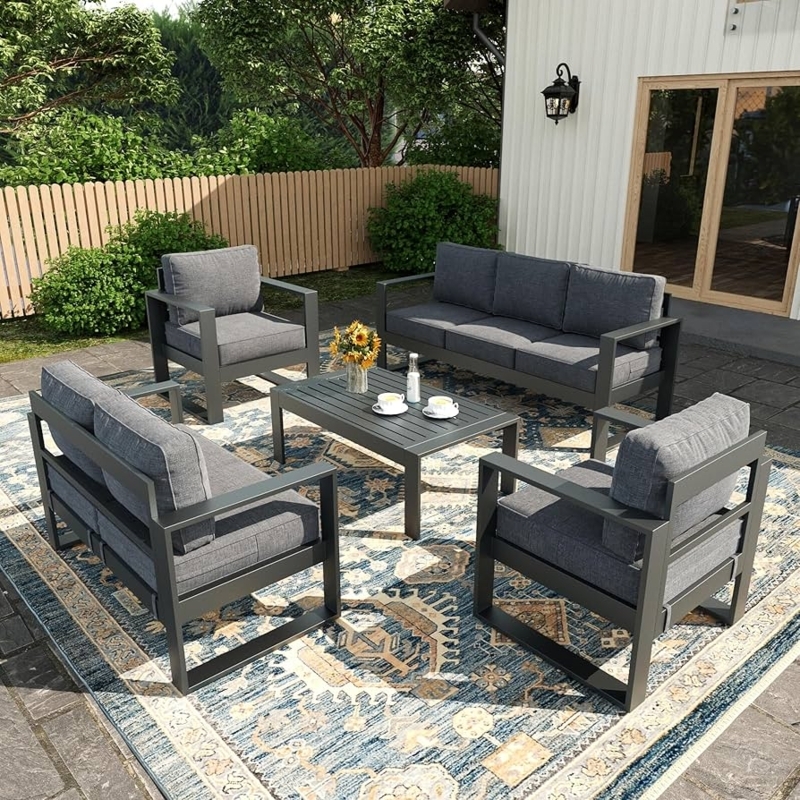 Modern Aluminum Patio Sectional Set L-Shaped Slatted Table Gray
