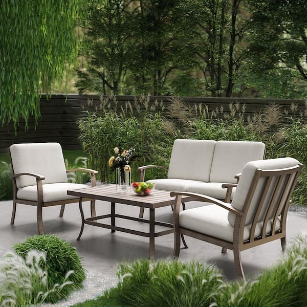 Modern Aluminum Patio Set with Slatted Tabletop and Light Gray Cushions