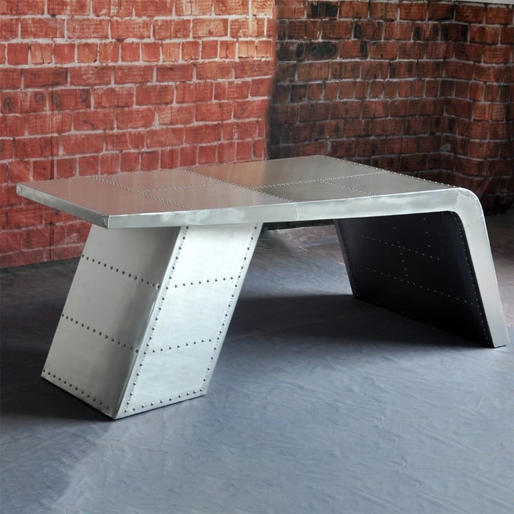 Modern Aviator Office Desk with Aerodynamic Design and Riveted Seams