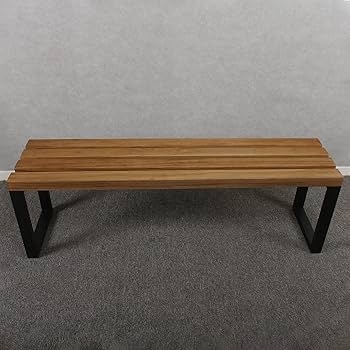 Modern Backless Bench, Slim Profile, Teak Tone Seat & Black Metal Frame