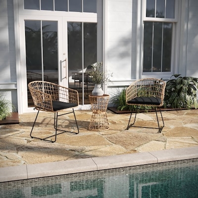 Modern Black Frame Patio Set Slatted Wood Top Rope Back