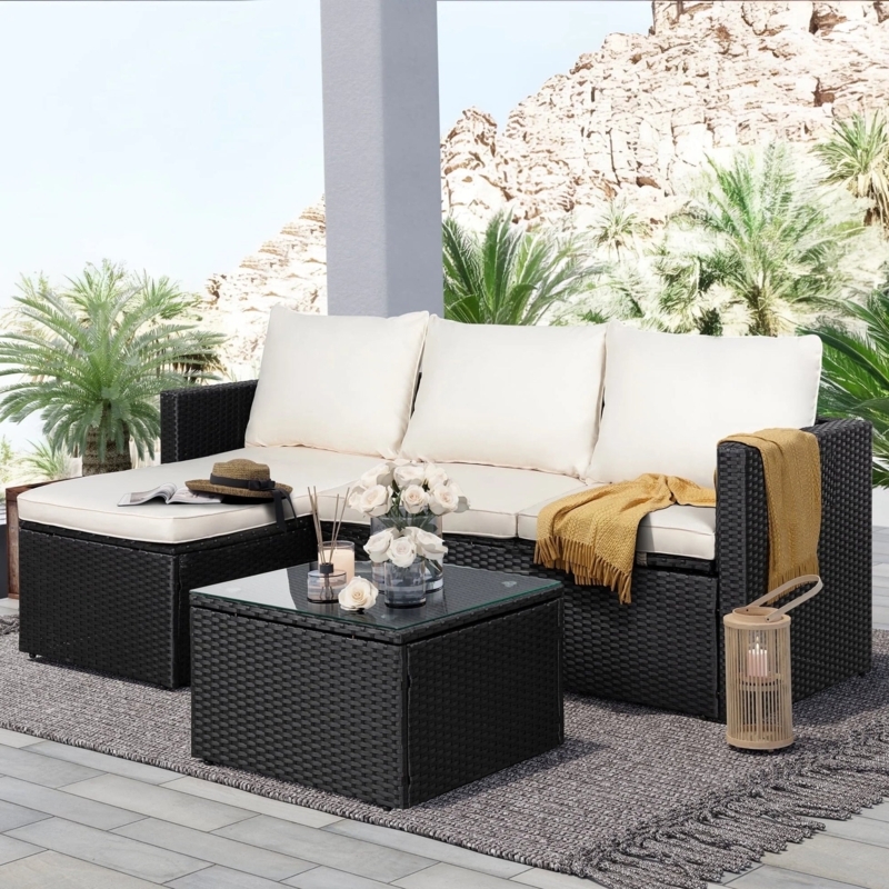 Modern Black Wicker Sectional Sofa with Glass-Topped Table