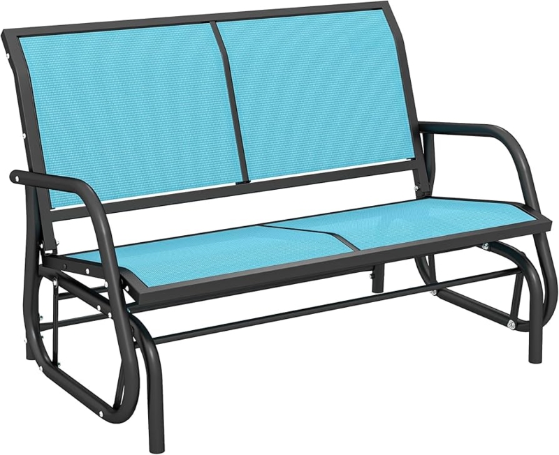 Modern Blue Mesh Outdoor Glider Bench with Black Metal Frame