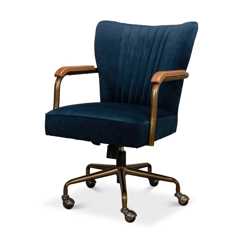 Modern Channel Tufted Desk Chair in Navy Blue Velvet with Gold Base