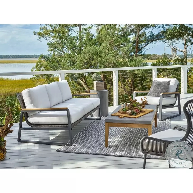 Modern Coastal Teak Patio Sofa with Woven Back Detail