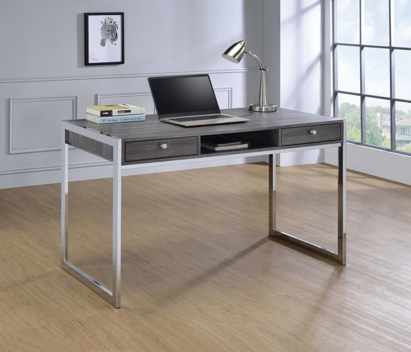 Modern Computer Desk with Glass Top, Gray Wood Pedestals, and Open Shelving