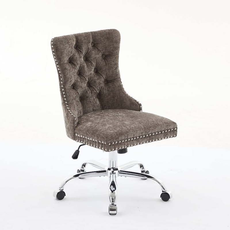 Modern Desk Chair Gray Chenille Fabric Button Tufting Polished Chrome