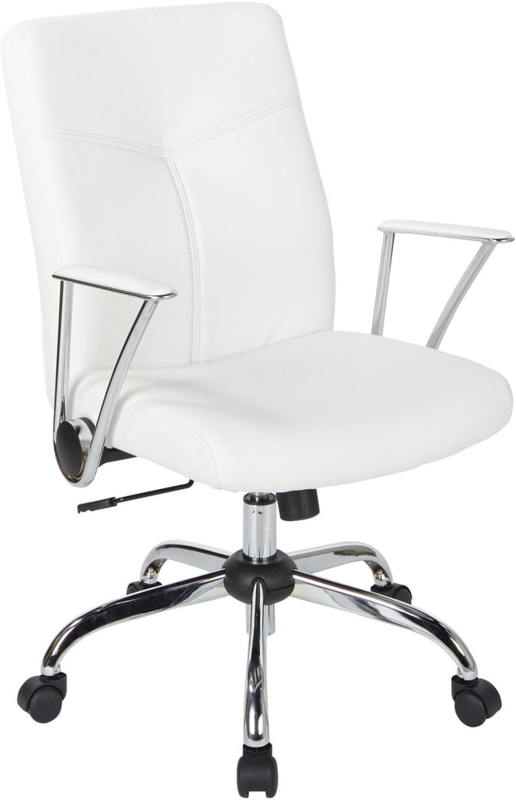 Modern Desk Chair White Faux Leather Horizontal Channel Stitching Chrome