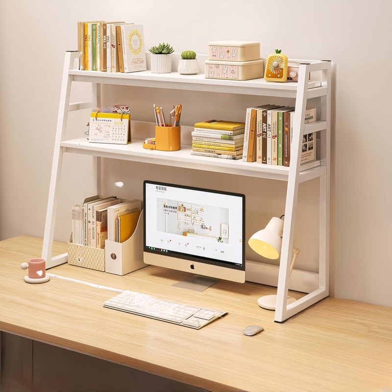 Modern Desktop Bookshelf, Two-Tier White and Wood Contrast