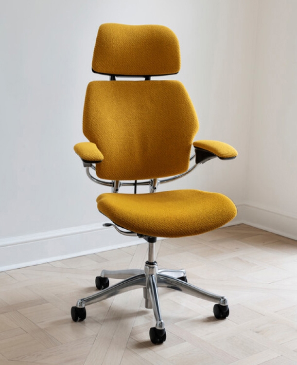 Modern Ergonomic Chair with Headrest: Amber Upholstery, Sculptural Design