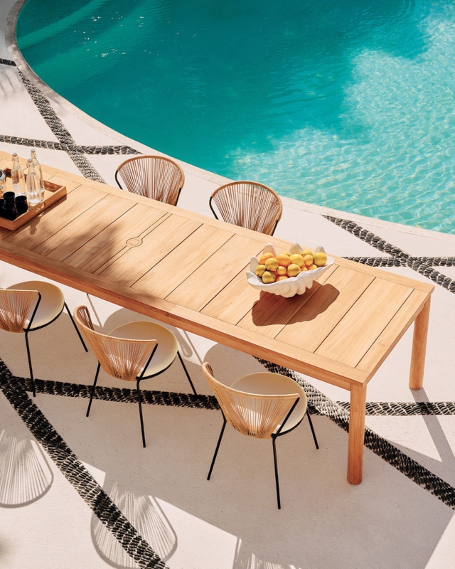 Modern Extra-Long Outdoor Dining Table with Plank Top & Teak Finish