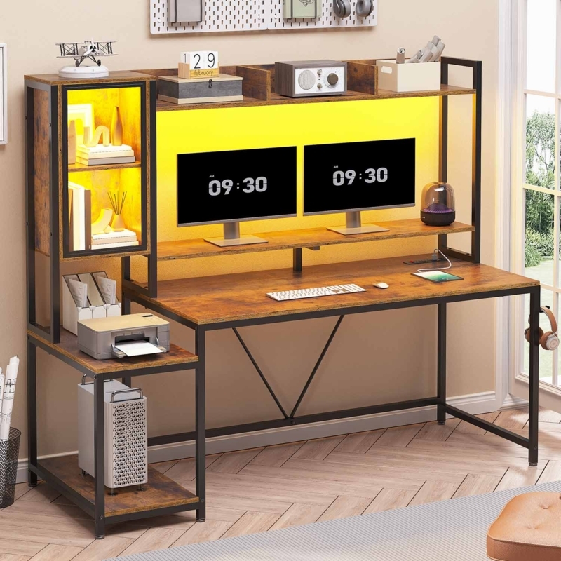 Modern Gaming Desk With Integrated Led Hutch And Glass Cabinet