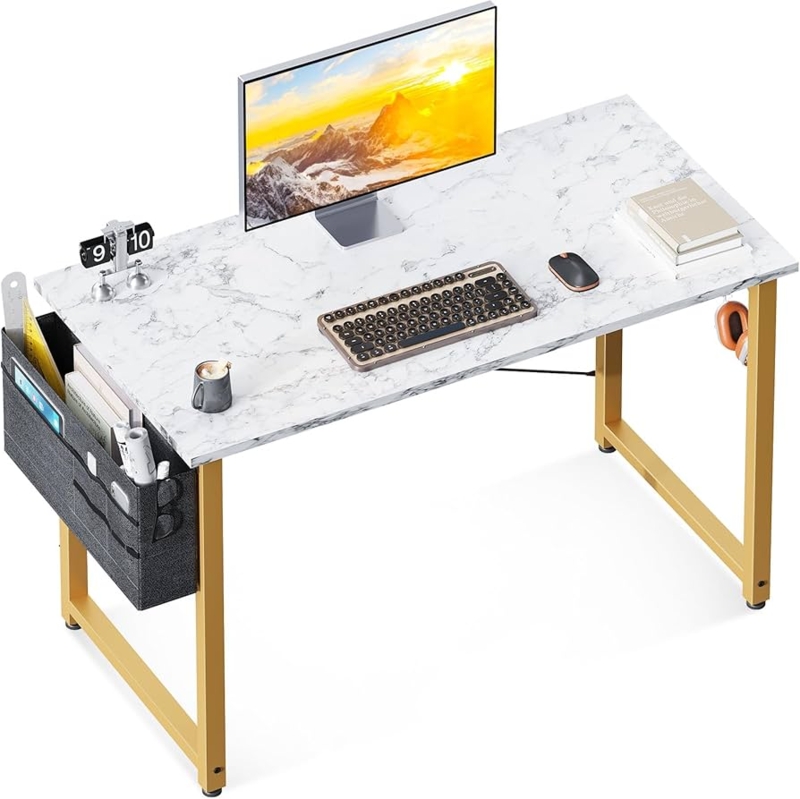 Modern Glam Computer Desk with Marble Look Top and Gold Legs