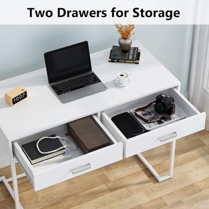 Modern Glam Writing Desk with Gold C-Frame Base and Two Drawers