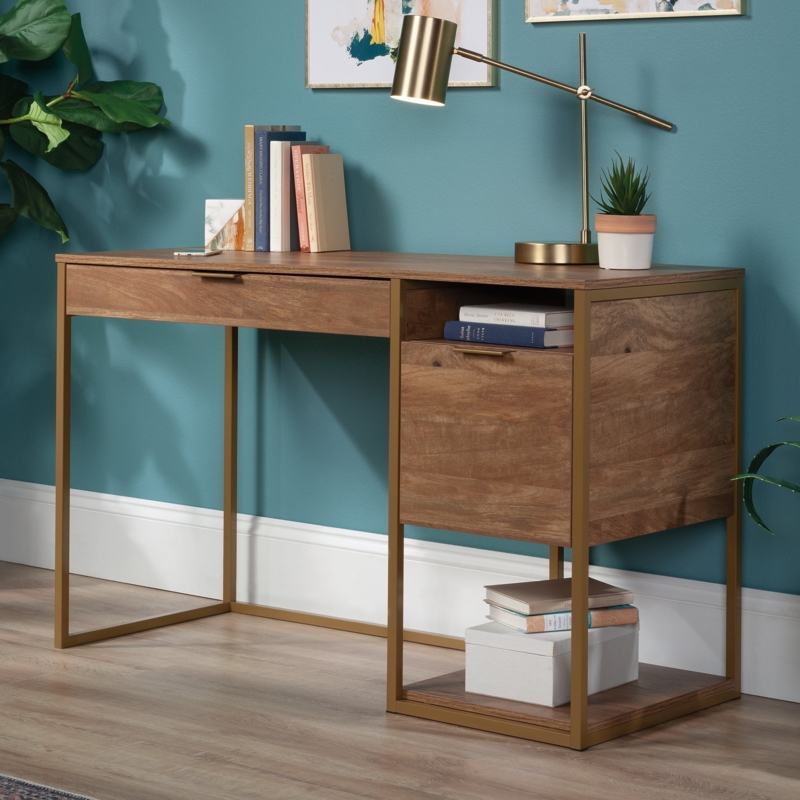 Modern Glam Writing Desk with Gold Toned Accents and Two Drawers