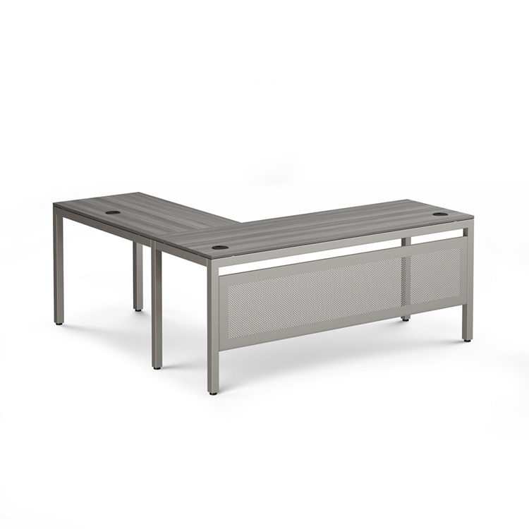 Modern Gray L-Shaped Desk with Perforated Modesty Panels & Brushed Legs