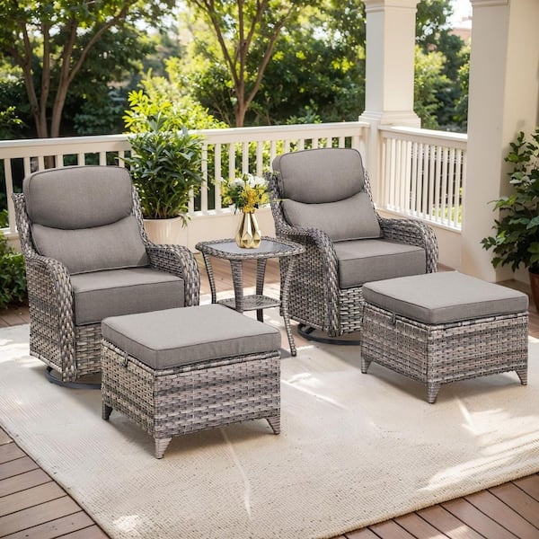 Modern Gray Patio Conversation Set Deep Seating Glass Top Track Arms