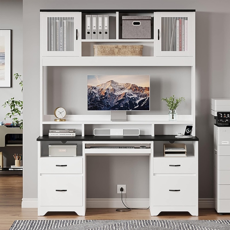 Modern Hutch Desk with LED Lighting and Slatted Cabinet