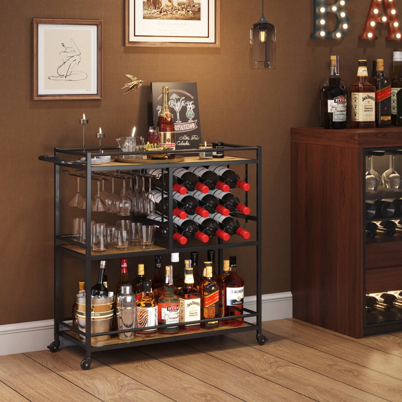Modern Industrial Bar Cart Tiered Wood Shelving Guard Rails Black