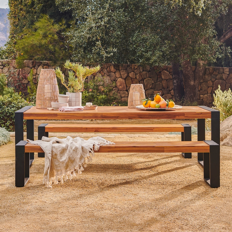 Modern Industrial Outdoor Bench. Sled base, Tuscan brown slats, matte black frame.