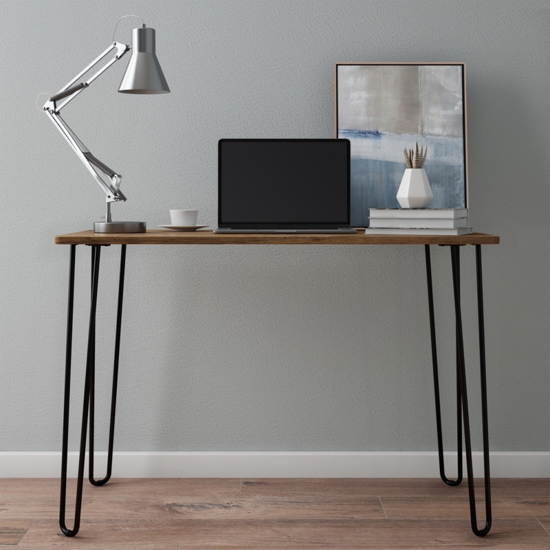 Modern Industrial Writing Desk, Woodgrain Finish, Hairpin Legs