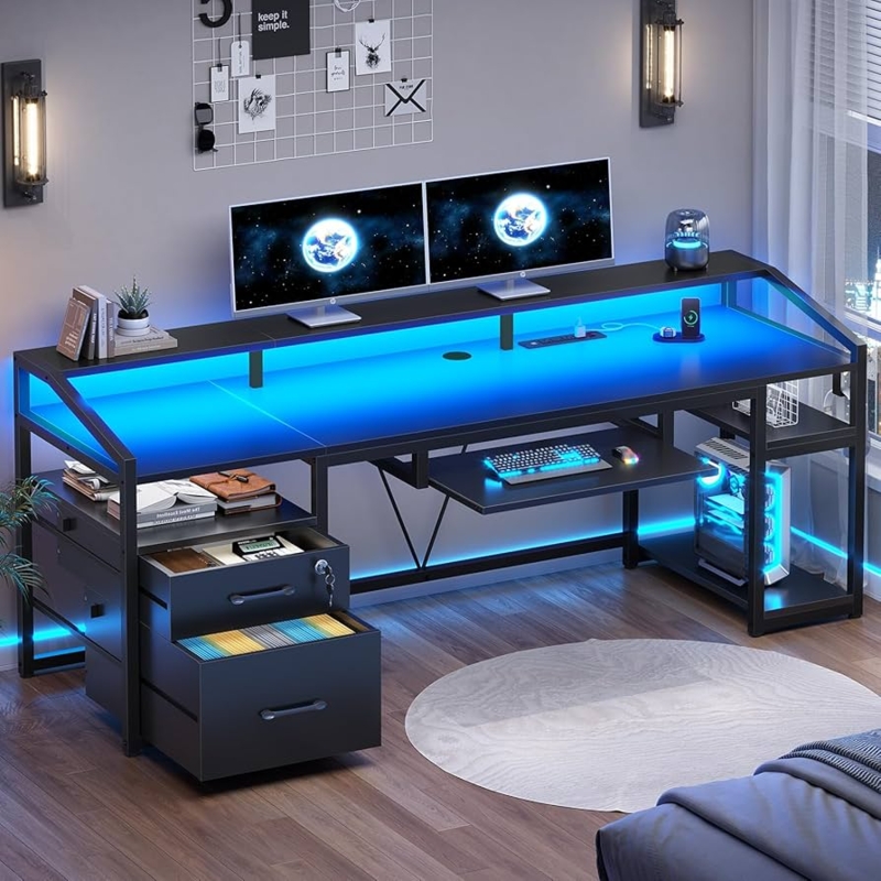 Modern L-Shaped Computer Desk with Lockable Drawers and LED