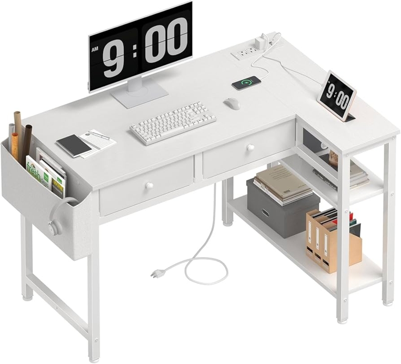 Modern L-Shaped Desk featuring Power Outlet, Drawers and Grid Back