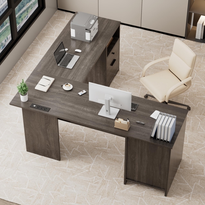 Modern L-Shaped Desk Grey Finish Integrated Charging Storage Cabinet