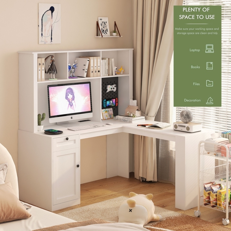 Modern L-Shaped Desk with Integrated Power & Mesh Shelving Detail.