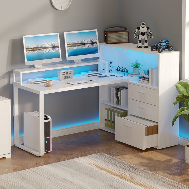 Modern L-Shaped Desk with LED Lighting & Integrated Bookshelf.
