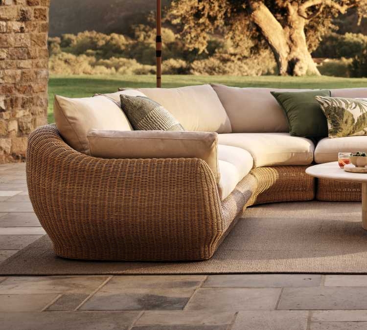Modern Low Profile Outdoor Sectional with Slatted Wood Base