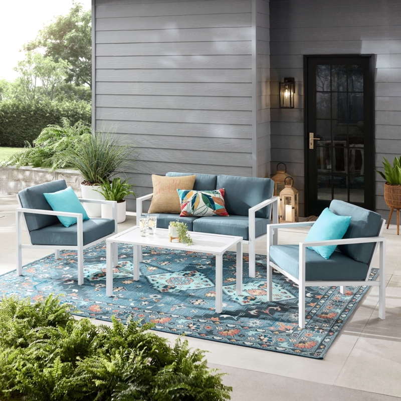Modern Minimalist Metal Patio Conversation Set with Navy Cushions