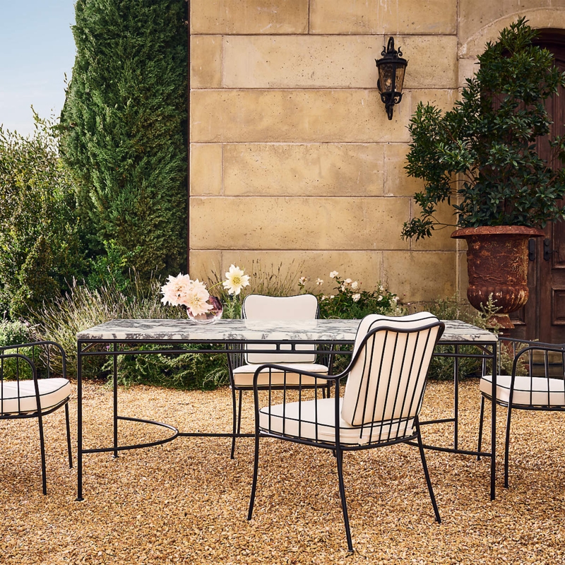 Modern Outdoor Dining Table with Faux Marble Top and Black T-Leg Base