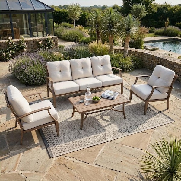 Modern Patio Conversation Set: Dark Metal Frames, Wood Slat Accents