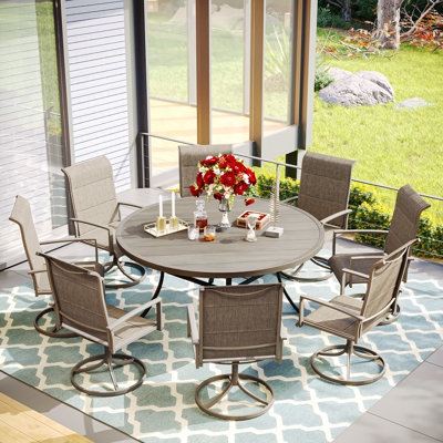 Modern Patio Dining Set, Round Slatted Metal Table, Charcoal Woven Chairs.