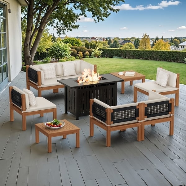 Modern Patio Sectional with Fire Pit Table and Charcoal Gray Cushions