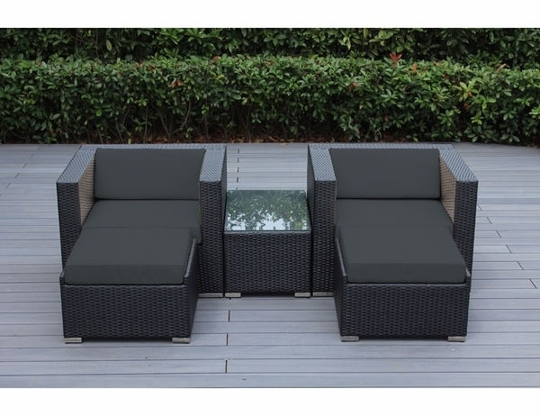 Modern Poolside Conversation Set with Modular Ottomans and Glass Table
