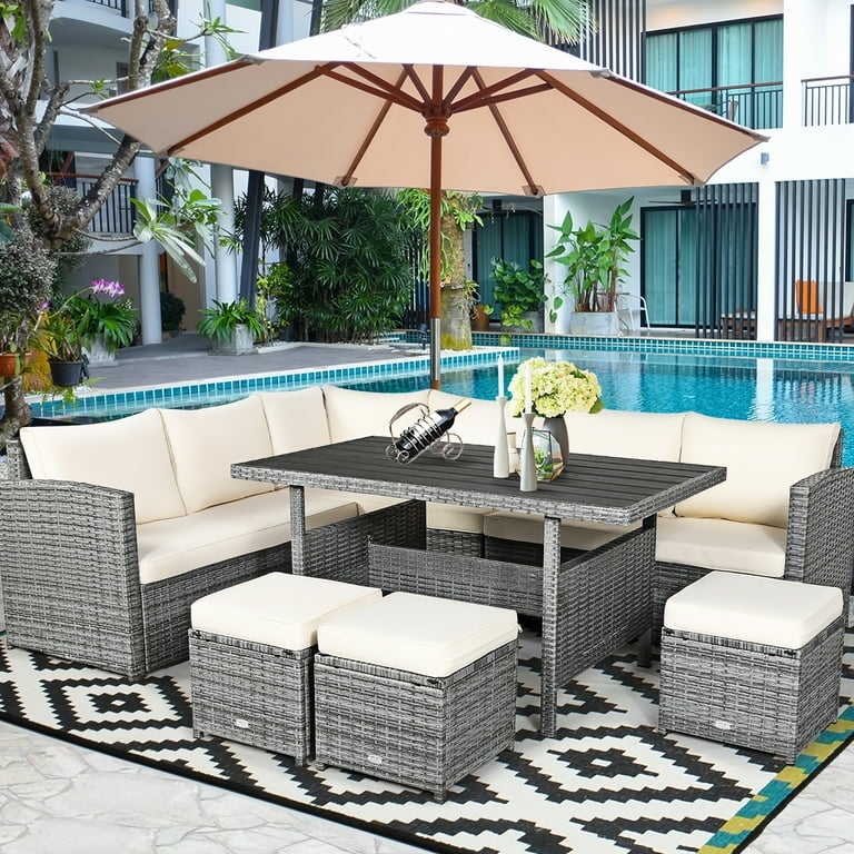 Modern Rattan Sectional Sofa Dining Set with White Cushions