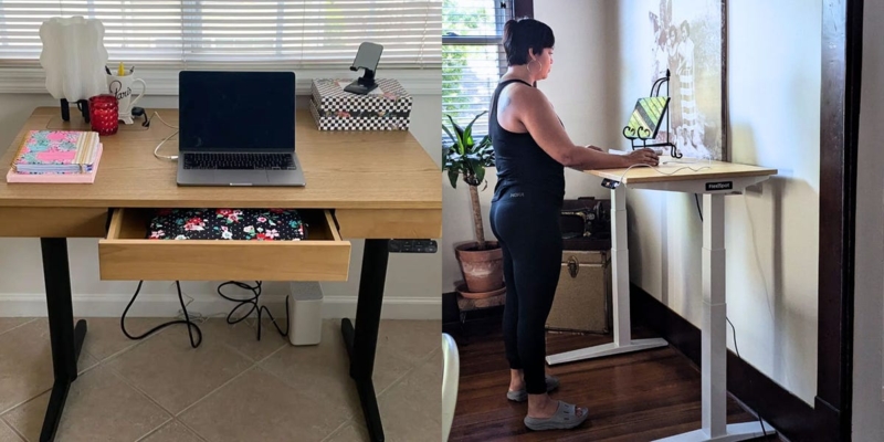 Modern Standing Desk Home Office, White Metal Frame with Light Wood Top