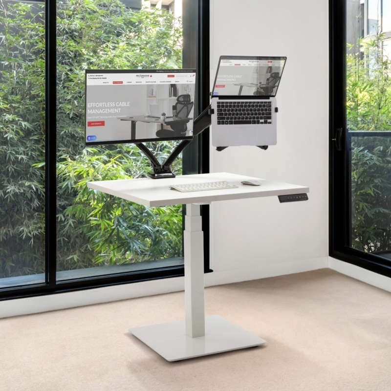 Modern Standing Desk with T-Frame Base and Wood Toned Top