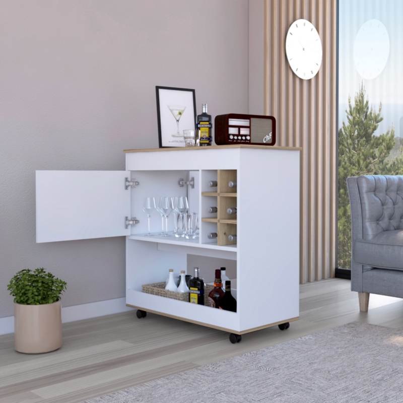 Modern Two-Tone Bar Cart with Six Bottle Cubbies and Side Cabinet